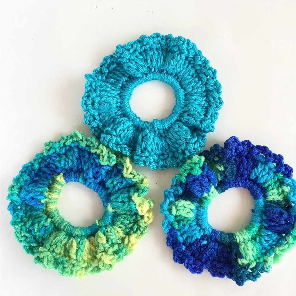 Hair Scrunchies Hand Crafted Blue Green Aquamarine Crochet Boho Messy Bun